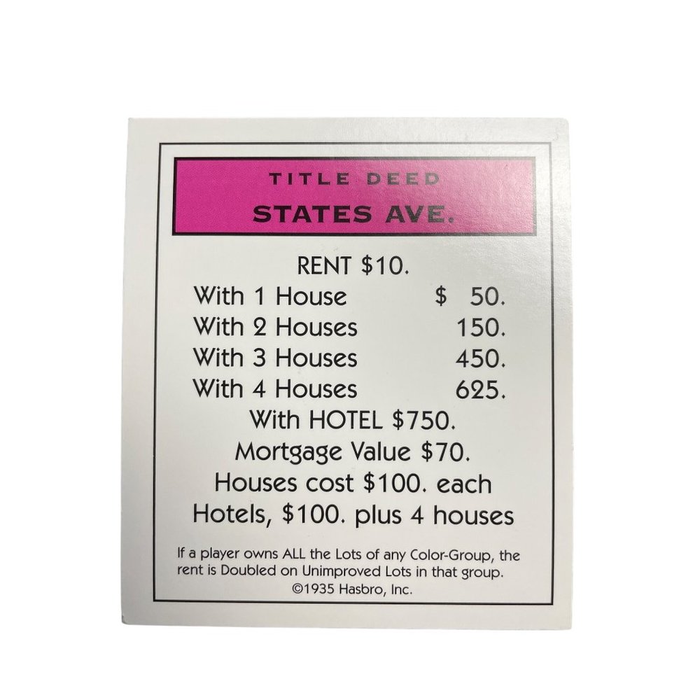 Monopoly Classic States Ave Property Title Deed Card Replacement u